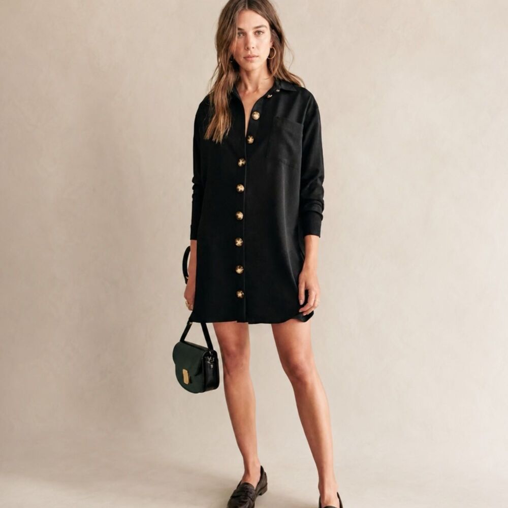 NWT Sezane Sadie Black Shirt Dress Tunic Long Sleeve Button Up Size 6